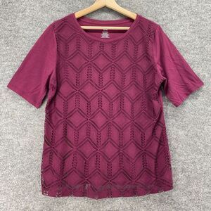 Van Heusen T-Shirt Women XL Purple Geometric Crochet Short Sleeve Crew Neck